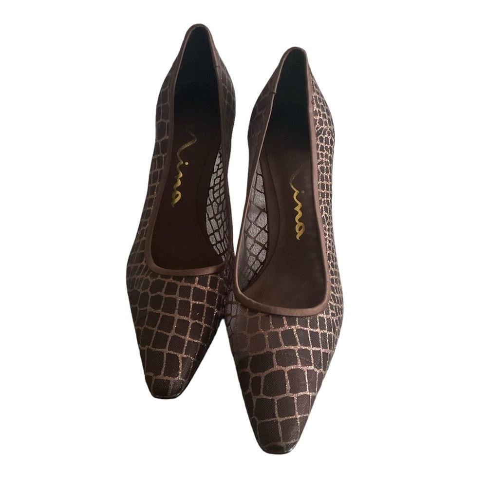 NINA Brown Mesh Bronze Glitter Pointed Toe Pump Heels Size 7